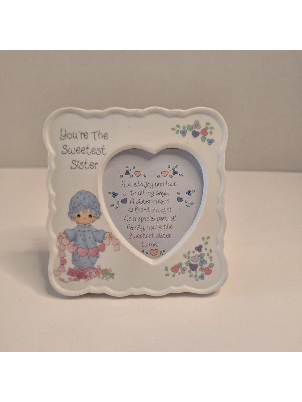 VTG PRECIOUS MOMENTS "YOU'RE THE SWEETEST SISTER" ENESCO HEART FRAME WITH POEM